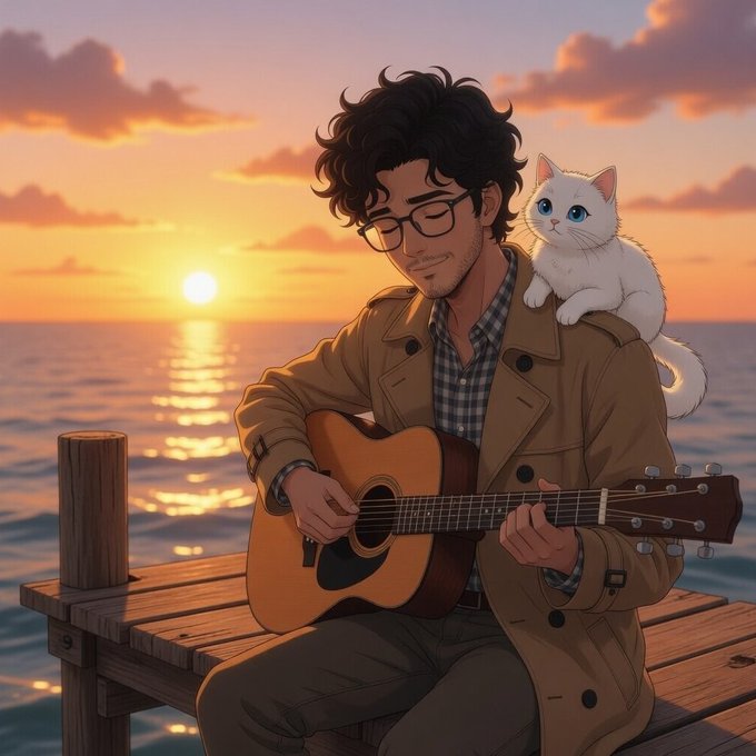 The image features an artist sitting at a wooden pier, playing his guitar as he looks out over the ocean during sunset. A cat sits on his shoulder while he plays. The caption of the image reads "Good evening fam The Real Play Quip's Hidden Economy Everyone sees quantum security I see something bigger @quipnetwork is building a complete network economy while the tech is still evolving. most infrastructure projects choose: Tech first. Community later. Quip chose".