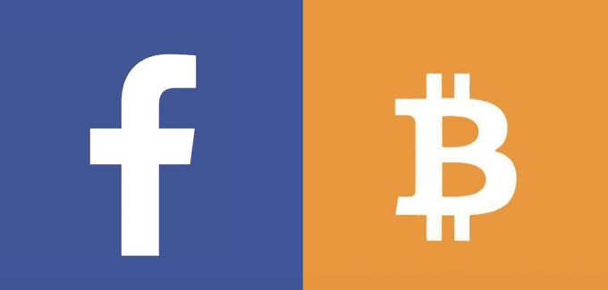 A split image showing the white Facebook "f" logo on a blue background on the left, and the white Bitcoin "B" logo on an orange background on the right.