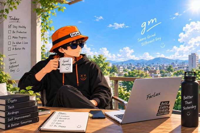 An anime-style illustration of a person wearing an orange 'FarLax' bucket hat and black hoodie, holding a 'Good Morning' mug, sitting at a desk with a laptop displaying the FarLax logo and motivational notes.