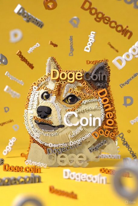 A 3D illustration of a Shiba Inu dog constructed from words like 'Dogecoin' and 'Coin' against a yellow background.