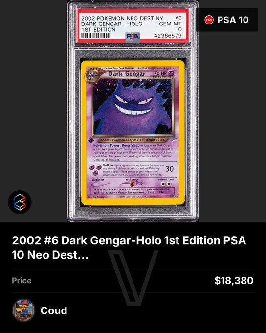 A graded PSA 10 2002 Pokémon Neo Destiny Dark Gengar Holo 1st Edition card, listed for sale at $18,380.