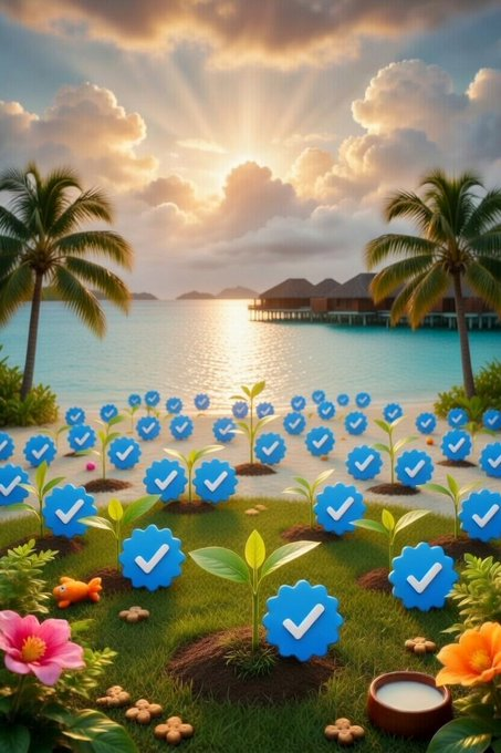 A tropical beach scene with overwater bungalows and a sunset, featuring rows of sprouting plants marked with blue checkmark icons in the foreground, along with flowers and a small fish.
