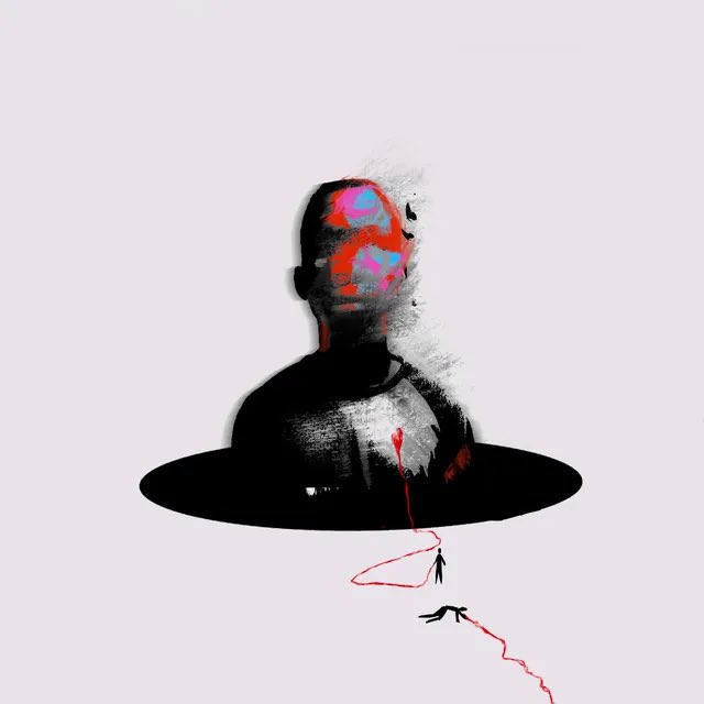 A glitch-art portrait of a shadowy figure with a red and blue fractured face looms above a tiny silhouetted person pulled by a red string, visually embodying the song "Selfish" and its themes of emotional pain, blame, and the weight carried by one person.