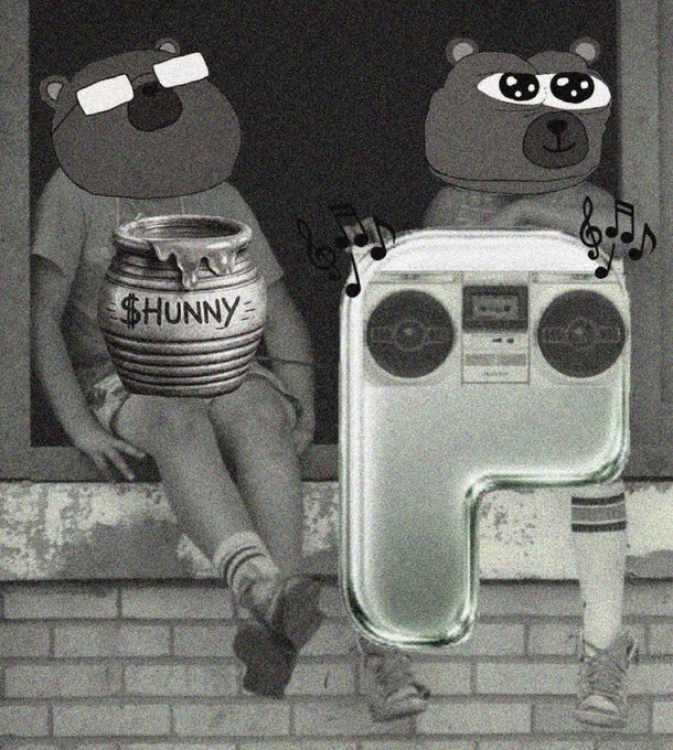 A humorous edited image showing two bears sitting on a ledge wearing shoes, with one bear holding a '$HUNNY' honey pot and the other depicted as a boombox playing music.
