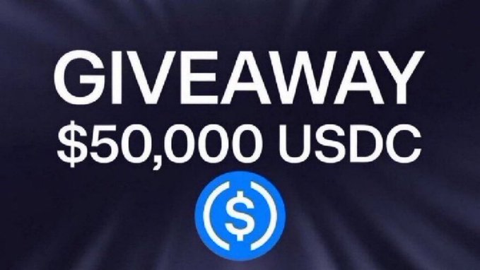 A promotional graphic announcing a 'GIVEAWAY $50,000 USDC' featuring the USDC logo on a dark blue background.