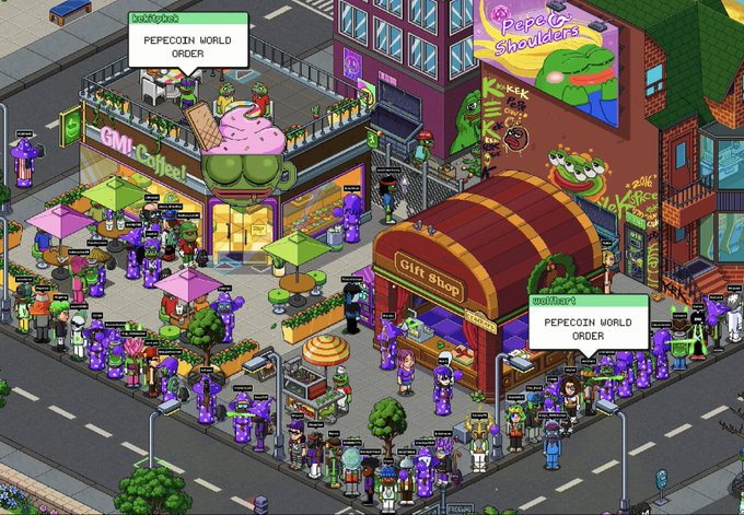 A screenshot from a pixel-art social game called "Pepecoin World," showing a virtual city street with player avatars, a "GM Coffee" shop, a "Gift Shop," and graffiti of Pepe the Frog.