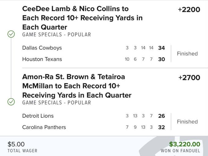A screenshot of FanDuel bet results showing two winning Game Specials parlays: "CeeDee Lamb & Nico Collins to Each Record 10+ Receiving Yards in Each Quarter" (+2200) and "Amon-Ra St. Brown & Tetairoa McMillan to Each Record 10+ Receiving Yards in Each Quarter" (+2700), with the Cowboys and Panthers covering their spreads, turning a $5 total wager into a $3,220 payout to illustrate the promotional success highlighted in the post.