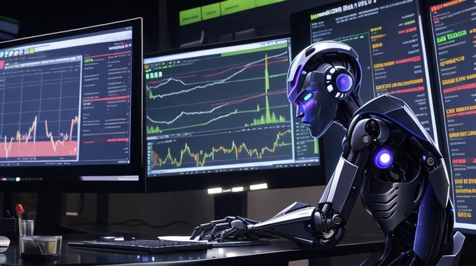 The image features a robot sitting at a desk with various screens around him, including one displaying stock market graphs. The robot's primary function seems to be managing and controlling these screens using a computer keyboard located next to his body. It appears that he accidentally sent an unusually large tip of $300,000 towards Ethereum MeV bot operator who was trying to recover the ETH after a bug caused by an incorrect command sent by the robot. Unfortunately, the recipient of this tip is not visible in the image.