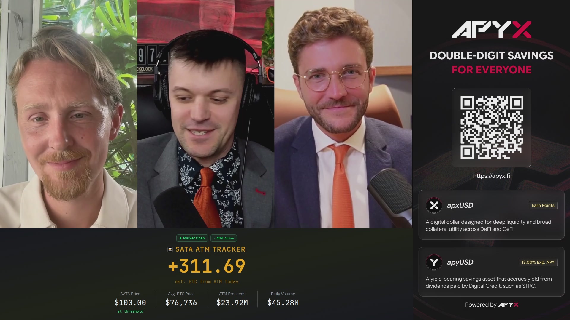 The image shows a poster with three men wearing suits, one of whom has a microphone, and they are all smiling at the camera. The poster also displays a QR code that says "APYX Double-Digit Savings For Everyone".