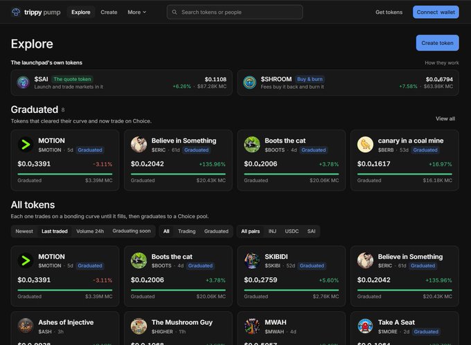 Screenshot of the 'trippy pump' Explore page showing cryptocurrency tokens including $SAI and $SHROOM, with sections for Graduated tokens like MOTION, Believe in Something, Boots the cat, and canary in a coal mine.