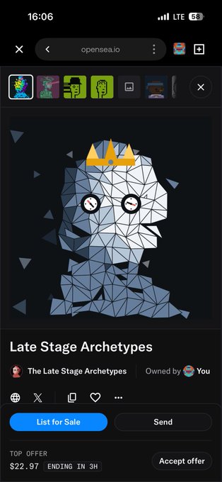 A screenshot of an OpenSea NFT listing page on a mobile browser. It displays a geometric illustration of a crowned creature named "Late Stage Archetypes" with a top offer of $22.97 ending in 3 hours.