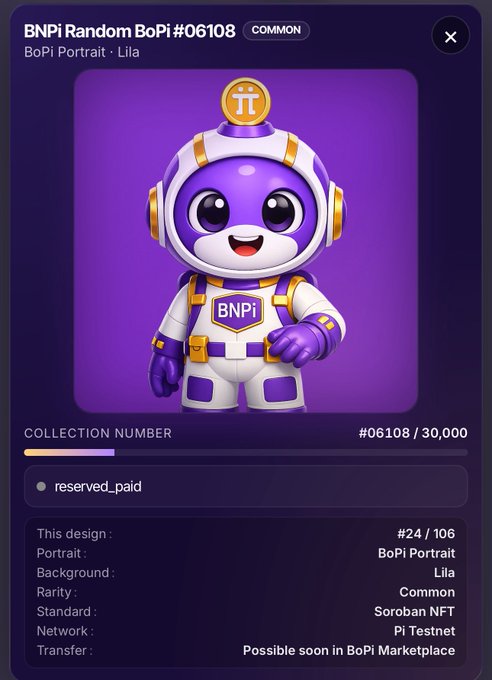 A digital collectible card for 'BNPi Random BoPi #06108 (COMMON)' featuring a purple mascot character in a white and gold astronaut suit, labeled 'BoPi Portrait · Lila,' collection number #06108 / 30,000, and marked 'reserved_paid.'