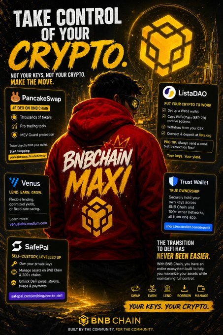 A bold BNB Chain promotional graphic declaring "TAKE CONTROL OF YOUR CRYPTO" with a central figure wearing a "BNBCHAIN MAXI" hoodie, promoting self-custody tools including PancakeSwap, ListaDAO, Venus, Trust Wallet, and SafePal. The post reinforces this by highlighting BNB Chain's community-driven ownership model and DeFi utility, emphasizing that users should move away from centralized exchanges and into self-managed wallets and protocols like those featured in the image.