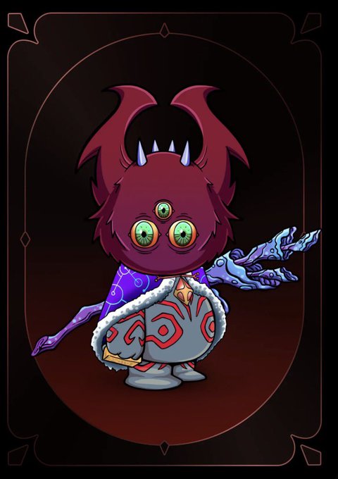 A digital illustration of a small, red, demon-like character with horns and three green eyes, wearing a blue and red robe and holding a clawed purple hand, framed in a decorative border.