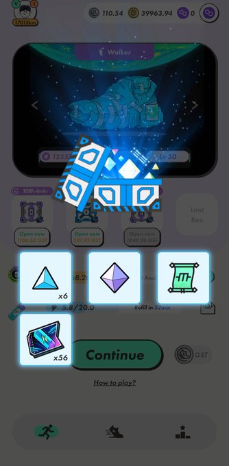 A mobile game screen showing a loot opening with dice, gems, and rewards including triangular tokens, a purple crystal, a scroll, and a blue card (x56), with a "Continue" button.