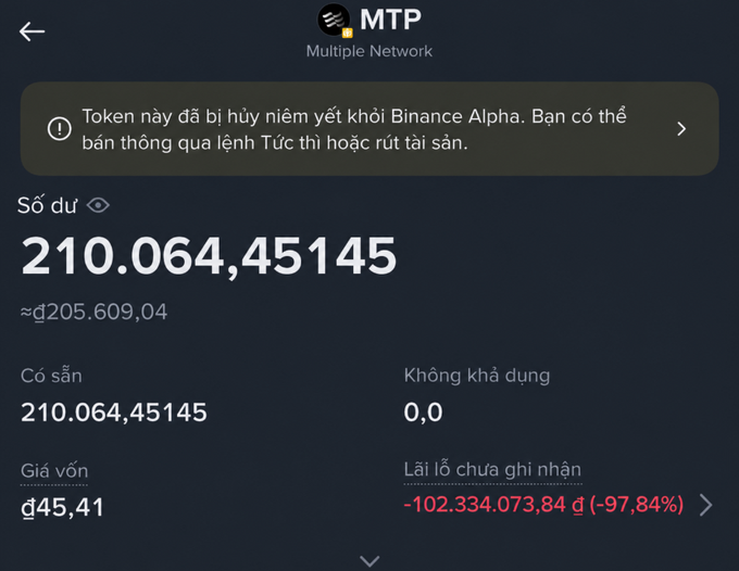A cryptocurrency wallet screenshot showing MTP (Multiple Network) token with a balance of 210,064,45145 tokens, noting the token has been delisted from Binance Alpha and showing a -97.84% unrealized loss.