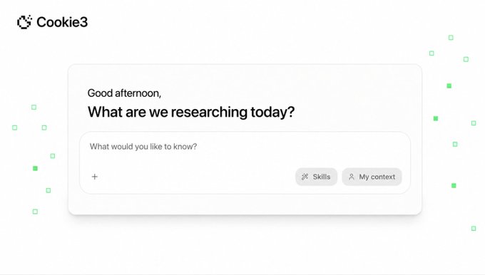 The screenshot shows the Cookie3 platform's clean search interface displaying "Good afternoon, What are we researching today?" with a search bar featuring "Skills" and "My context" options. This relates to the post by highlighting how Cookie3's tool eliminates the need to manually scroll through Crypto Twitter (CT) for hours to identify legitimate projects.