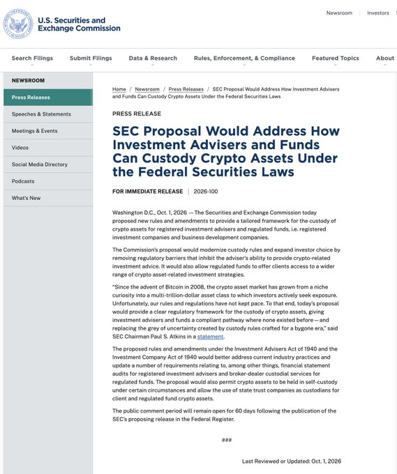 A press release from the U.S. Securities and Exchange Commission (SEC) dated October 1, 2026, proposing new rules to address how investment advisers and funds can custody crypto assets.