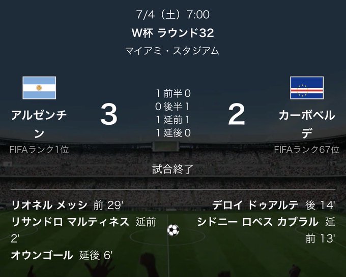 A match result screen showing Argentina defeating Curacao 3-2 in a W Cup Round of 32 match at Miami Stadium, with goal scorers including Lionel Messi (29') and Lisandro Martinez listed.