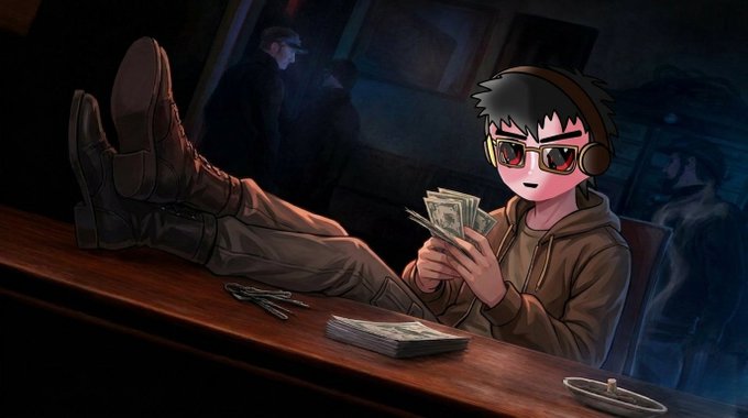 An anime illustration of a character with headphones and sunglasses casually counting a stack of cash with their feet up on a wooden table.