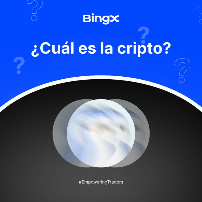 A blue and black promotional graphic for BingX cryptocurrency exchange asking '¿Cuál es la cripto?' with a blurred planet and the hashtag '#EmpoweringTraders'.