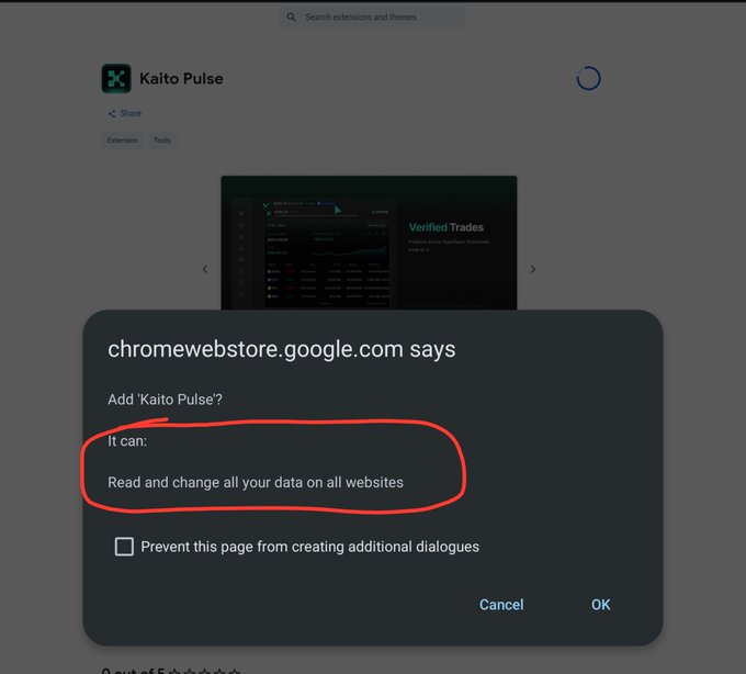 A Chrome webstore prompt asking to add the "Kaito Pulse" extension, with a red annotation highlighting the warning "Read and change all your data on all websites."