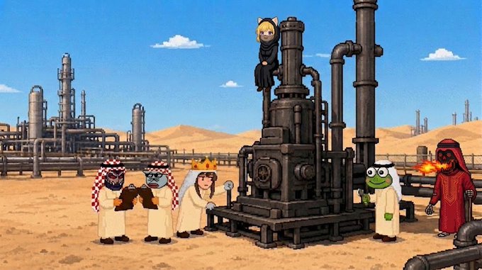 A cartoon scene shows a desert oil refinery with various characters in keffiyehs, including a Pepe the Frog, a bride, a wizard, and a red-cloaked figure breathing fire, all gathered around industrial oil rigs. The whimsical illustration complements the post celebrating NFT profits from TheSaudisNFT Oil Rigs collection, with the crude oil theme symbolizing the trader's successful trade that turned a $280K market cap purchase into a $500K sale for ~$415.50 profit.