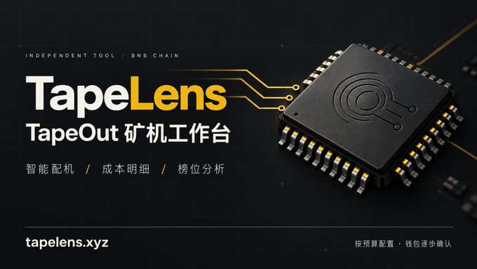 A promotional banner for 'TapeLens' displays the text 'TapeOut 矿机工作台' and 'INDEPENDENT TOOL // BNB CHAIN', alongside an image of a black microchip on a dark background. The website 'tapelens.xyz' is listed at the bottom.