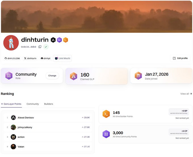 A profile page for user 'dinhturin' (0x9c34...8db9) on a community platform, showing a Community role, 160 Claimed GLP, a Jan 27, 2026 join date, and leaderboards ranking top contributors by GenLayer Points.