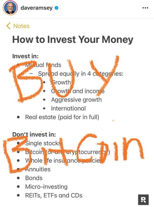A screenshot of a daveramsey note titled 'How to Invest Your Money' with large orange handwritten text reading 'BUY' next to the 'Invest in' section and 'BTFD Coin' (Buy The F***ing Dip) next to the 'Don't invest in' section.