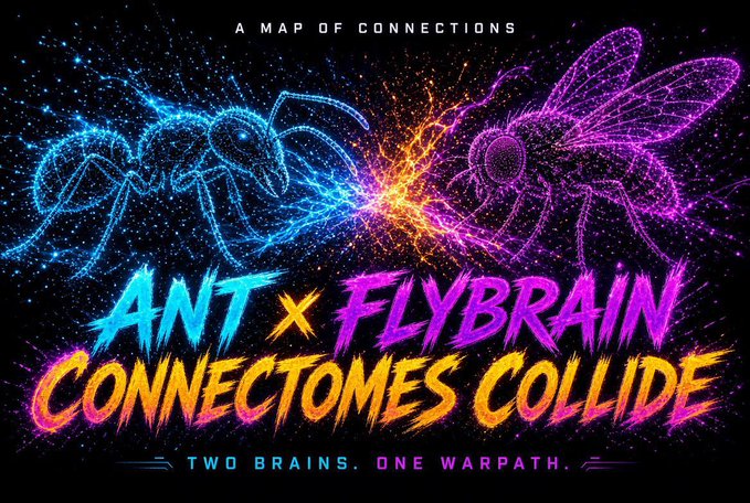 A vibrant graphic featuring neon blue ant and purple fly illustrations colliding with text reading 'ANT x FLYBRAIN CONNECTOMES COLLIDE', 'A MAP OF CONNECTIONS', and 'TWO BRAINS. ONE WARPATH.'