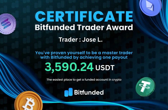 The image features an award certificate with information about a BitFunded trader named Jose L. Profit Withdrawn was one of the winners, with his account being paid for after trading Bitcoin and other virtual coins. This award also includes a 3,590.24 USDT withdrawal that's now available on Bitfunded.