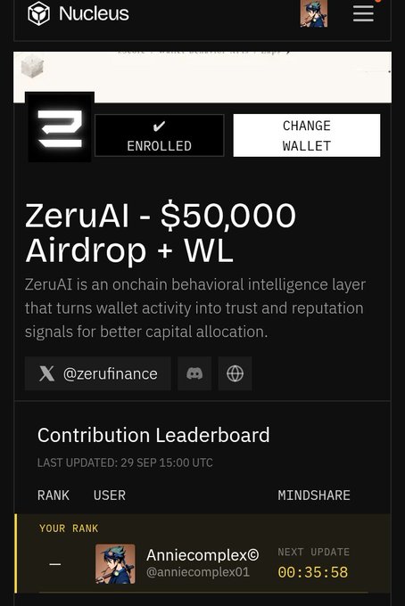 A mobile app screenshot from Nucleus showing an enrolled 'ZeruAI - $50,000 Airdrop + WL' campaign with the handle @zerufinance, alongside a Contribution Leaderboard displaying a user rank for @anniecomplexo1.