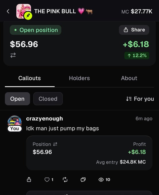 A mobile app screenshot showing a token called 'THE PINK BULL' with a market cap of $27.77K and a callout showing a $56.96 position with +$6.18 (12.2%) profit.