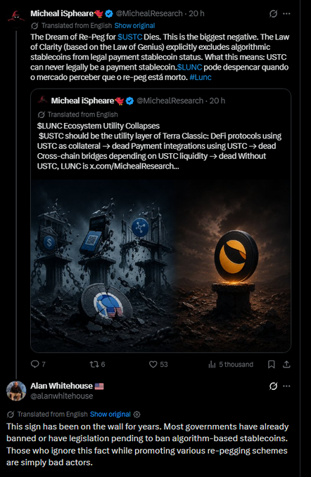 A Twitter/X thread from Micheal iSphere discusses '$LUNC Ecosystem Utility Collapses' and criticizes algorithmic stablecoins like $LUNC, with Alan Whiteside commenting on legislation banning them.