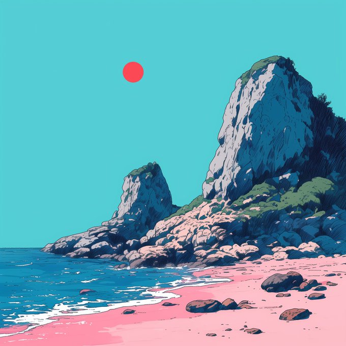 The image features a beach scene with two large rocks, one of which has a red sun rising over its top. The other rock is covered in green vegetation. The sky above them is blue, suggesting that they are at the beach during the day. There is also a small wave crashing onto the shore near the rocks.