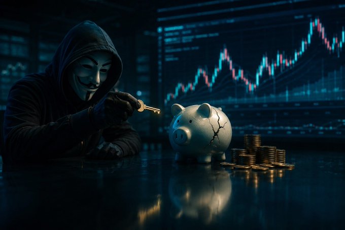 A hooded figure wearing a Guy Fawkes mask holding a key toward a cracked piggy bank, with stacks of coins and a financial candlestick chart in the background.