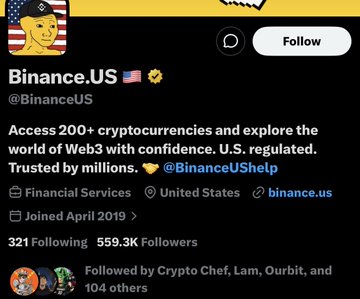 The image shows a Twitter post with a black background, featuring a cartoon face wearing a hat and sunglasses. The text of the post reads "Binance US changed their pfp to $wojak You must be a retard if you think this doesn't scream millions." This message is accompanied by a list of followers for the account, including names such as "binance", "binanceus", "@binanceus", and "@binanceushelp". The post seems to be promoting a cryptocurrency or financial service.