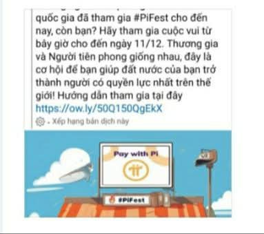 The image is a Vietnamese-language promotional advertisement for "#PiFest," inviting users to participate in a contest until December 11th by purchasing Pi using "NGUOI TIEN" (Vietnamese Dong), with a Pay with Pi graphic displayed. It relates to the accompanying post by highlighting Pi Network's promotional tactics and speculation efforts at a low valuation of $0.06 USD, which the commenter criticizes as part of a collapsing ecosystem reliant on desperate marketing ploys.