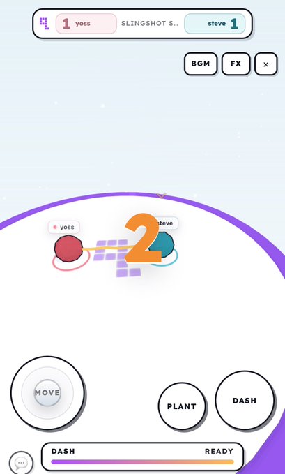 A mobile game screenshot showing a countdown timer with players 'yoss' and 'steve' on a circular arena with MOVE, PLANT, and DASH controls at the bottom, and a DASH meter showing READY.