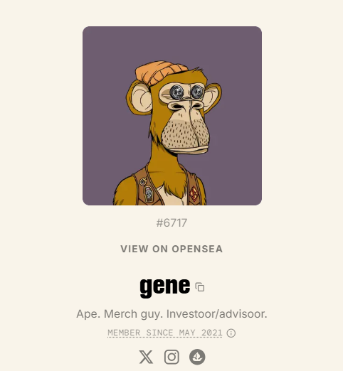 The image shows a cartoon monkey wearing glasses, a hat, and carrying a backpack. It appears to be a character from an anime or video game. The post features a caption that reads "View On OpenSea Gene", which might indicate that the image is related to a specific event or location in the world of anime or video games. The post also mentions a member named X, who has been a part of the community since May 2021 and has posted multiple times on this platform.