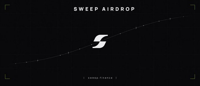 A dark promotional graphic for "SWEEP AIRDROP" featuring a stylized white "S" logo over an upward-trending dotted line graph, with "sweep.finance" displayed at the bottom, visually representing the growth and airdrop campaign announced by @SweepFinance.