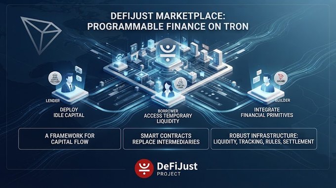 A marketing graphic for DeFiJust Marketplace on TRON showing the programmable finance framework connecting lenders, borrowers, and builders.