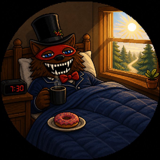 Whimsical cartoon illustration of a furry wolf/fox character wearing a black top hat with holly, a red masquerade mask, and a blue nightshirt, sitting up in bed holding a mug of coffee with a pink-frosted donut on a plate, while a digital clock reads "7:30" beside a window showing a sunrise over mountains.