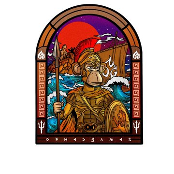 Stylized digital artwork of a monkey warrior in golden armor holding a spear and shield, set within an arched frame with the text "Ω Τ Η Ε Σ Σ Ω Μ Ε Σ" at the bottom.