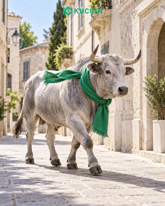 A bull with horns wearing a green scarf walking down a stone-paved European street, with the 'KUKOIN' logo in the top left corner.