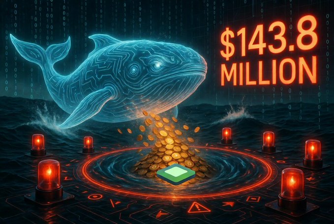 A digital illustration of a glowing blue whale made of circuitry emerging from water and spouting gold coins onto a platform displaying '$143.8 MILLION'.