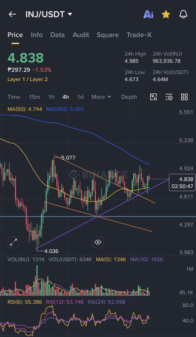 A Binance trading chart for INJ/USDT showing a price of 4.838, down 1.53%, with 24h high of 4.985 and 24h low of 4.673, displaying moving averages and RSI indicators.
