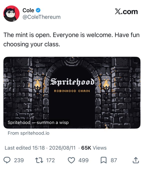 A tweet from Cole (@ColeThereum) announcing "Spritehood — Robinhood Chain" NFT mint is open with a pixel-art dungeon graphic and tagline "summon a wisp," garnering 65K views and 499 likes. The accompanying post criticizes Cole for previously rug-pulling Pudgy Penguins and now launching a 44k-supply collection at $17 each (~$750K profit) for clout.