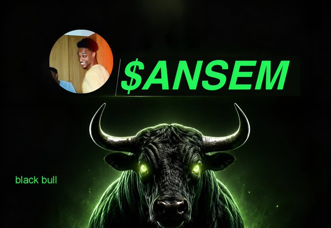 A graphic featuring a profile photo of a young man, the ticker '$ANSEM' in bright green, and a glowing-eyed black bull with the text 'black bull' on a dark background.